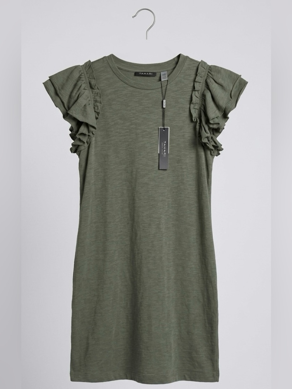 NWT T Tahari Ruffled Sleeve Olive Green T-Shirt Mini Dress -size XS